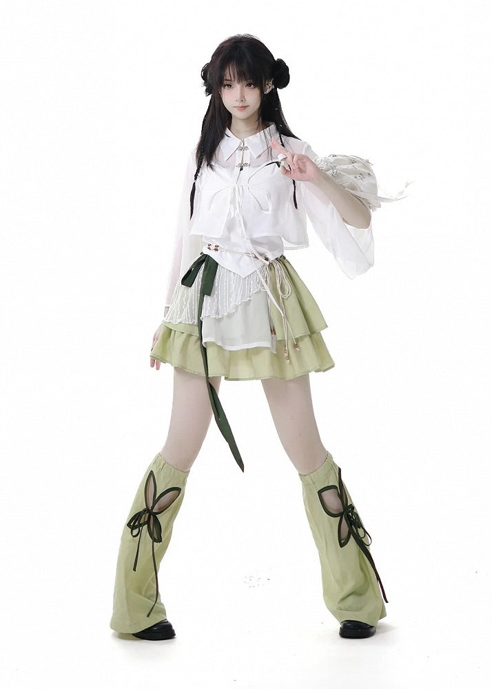 Green Cheongsam Tiered Skirt with Waist Belt Elastic Waist Style