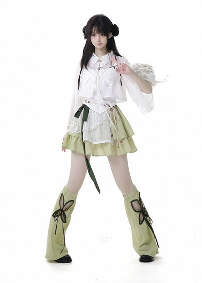 Green Cheongsam Tiered Skirt with Waist Belt Elastic Waist Style