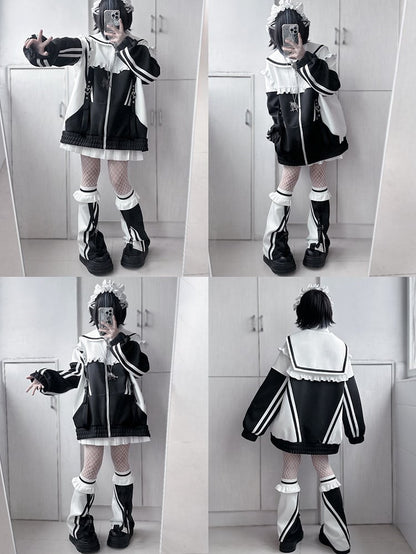 Sailor Zip WhiteBlack Collar Jacket Jirai Sweatshrit Closure Kei