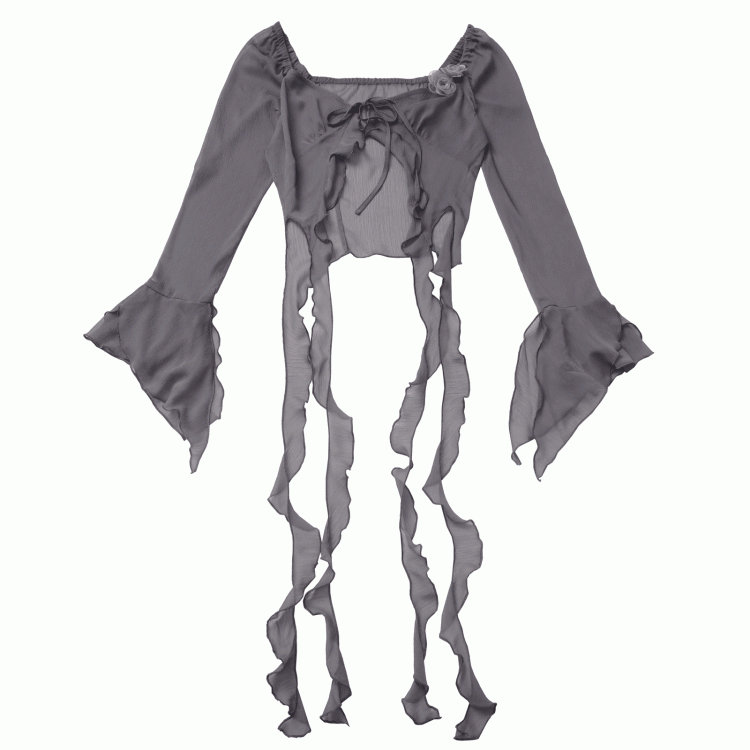 Cascading Ruffle Accents Cheongsam Floral Brooch Chiffon Top with Gray