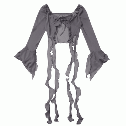 Cascading Ruffle Accents Cheongsam Floral Brooch Chiffon Top with Gray