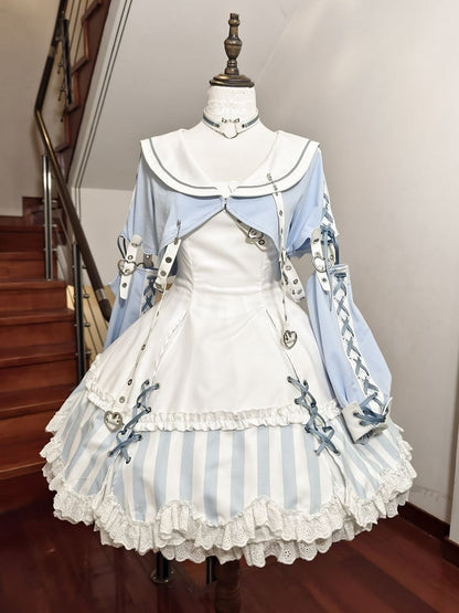 Kitty Light Bow Kaiwai Set Blue JSK Dress Cropped Tenshi Lolita Sailor Striped Big Top Pattern Ears + - Collar
