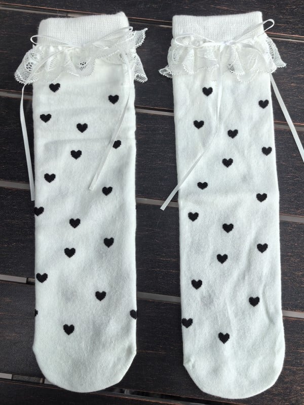 Lace Black/White/Yellow/Gray Cuffs Details Socks Calf Heart Print Ruffled Bowknot
