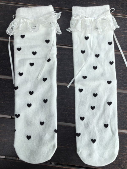 Lace Black/White/Yellow/Gray Cuffs Details Socks Calf Heart Print Ruffled Bowknot