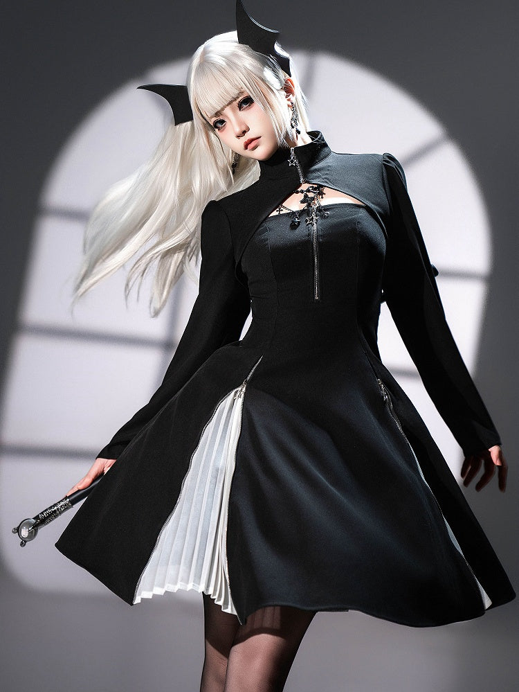 Star Zip Cropped Long Charm Sleeves Top Black Cuffs