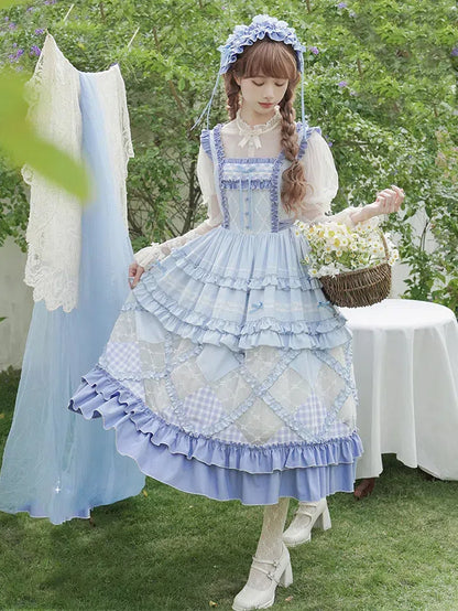 Blue Gingham Pattern and Floral Lace Patches Skirt Casual Lolita Dress