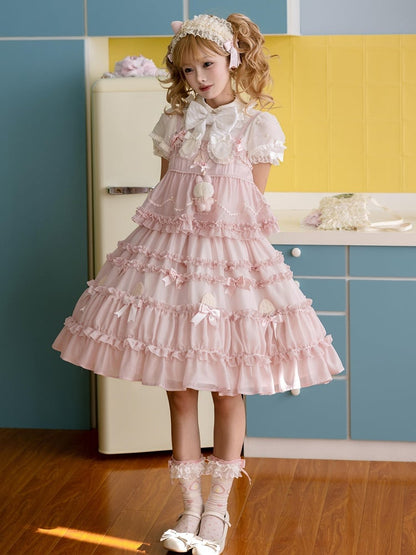 Pink Bow Accents Ruffle Trimming Sweet Lolita Fake Two-pieces Dress