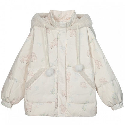Cute Lamb Print White Hooded Down Jacket Short/Long Version