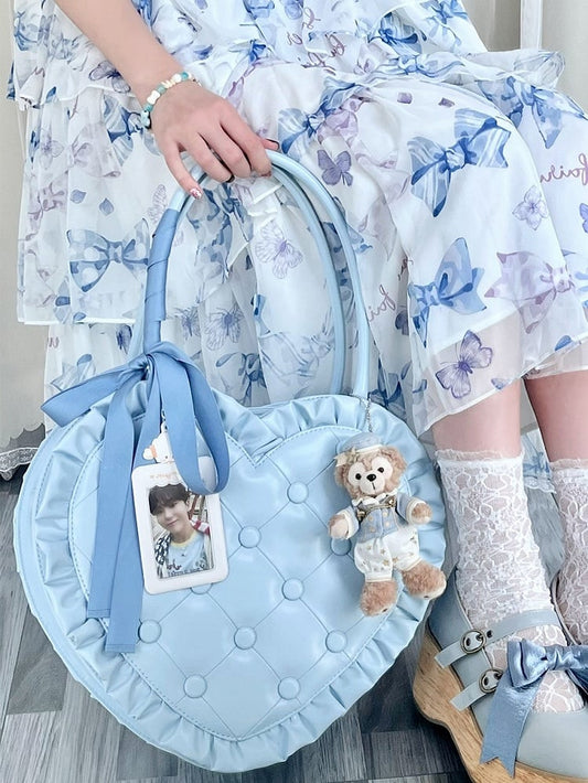 Handbag Heart-Shaped and Quilting Diamond with Blue Lolita Edges Frilly Ruffle