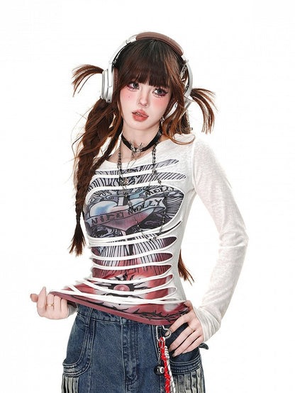 Black/White Round Neck Punk Glamorous Graphic Top