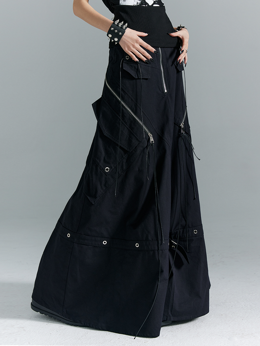 Black A-Line with Buckles Punk Pockets Metal Skirt Zippered