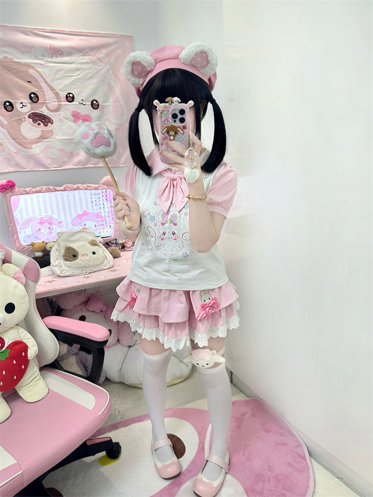 Tie T-Shirt Ears Heart Bunny Pink  White Peter Pan Collar Bunny