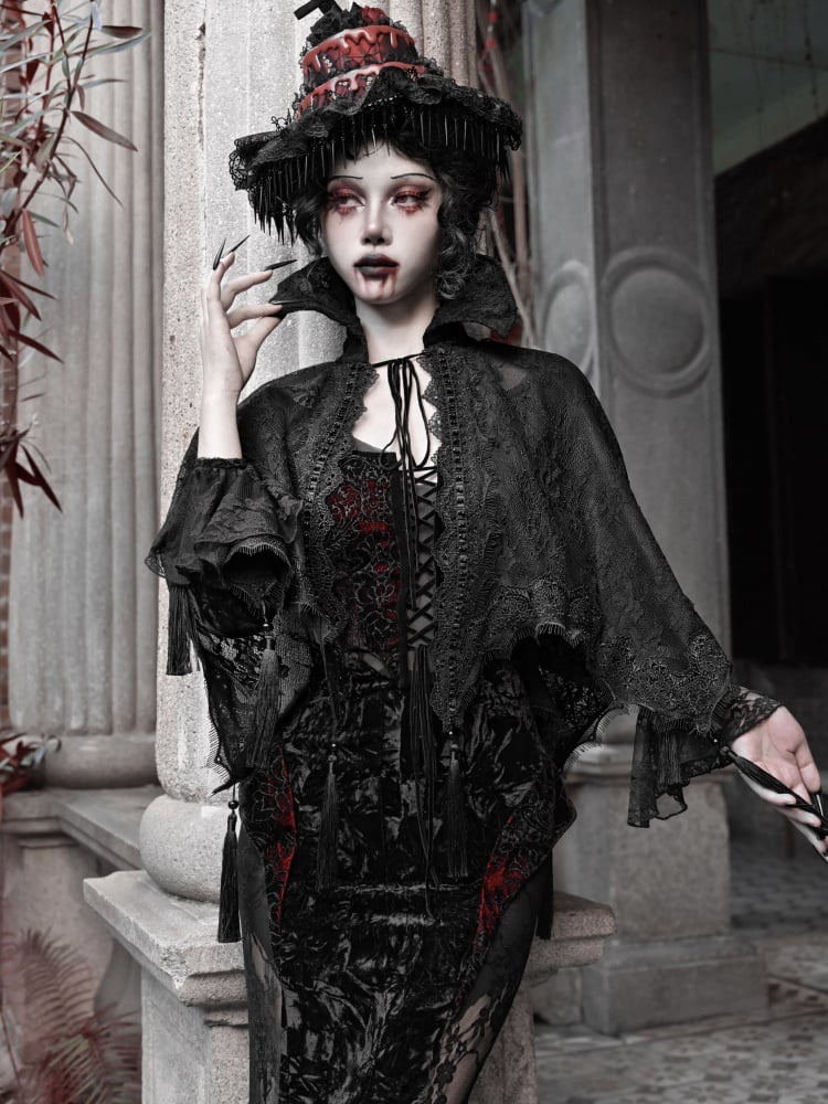 Black Goth Vampire Lace Shawl Cape Tassels Hem