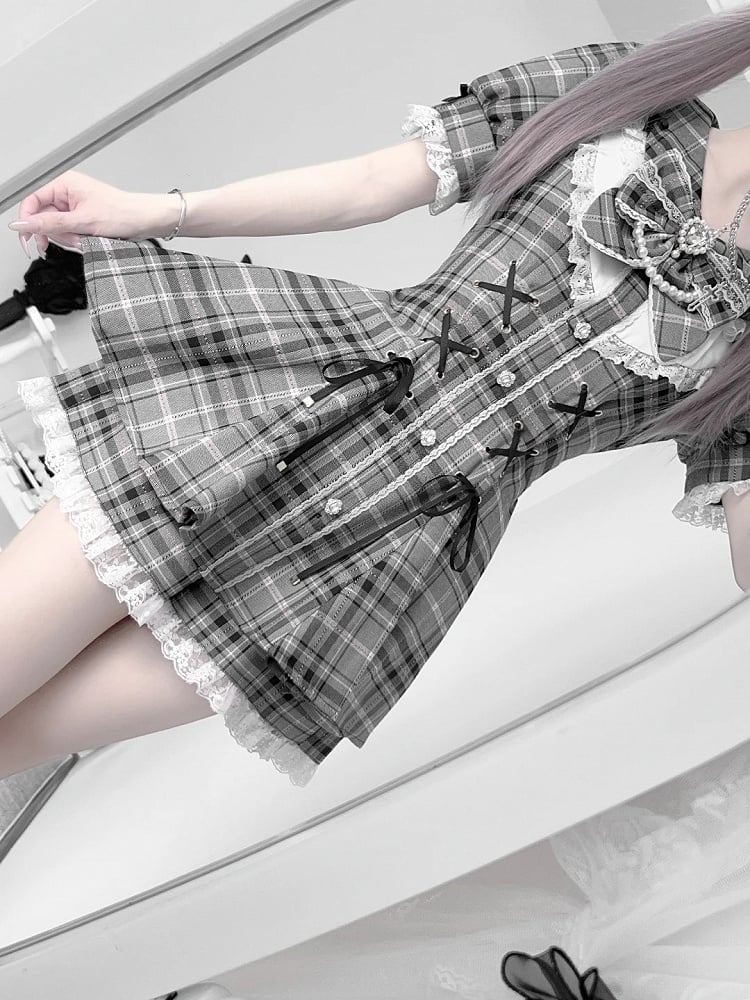 Gray Kei Plaid Waist Rhinestones Jirai Mini Dress+Shorts Embellished Set Lace-up Details