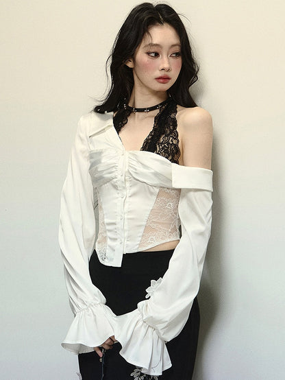 Weiße Bluse mit Spitzenpatch an der Taille und langen Ärmeln mit Neckholder-Design aus schwarzer Spitze