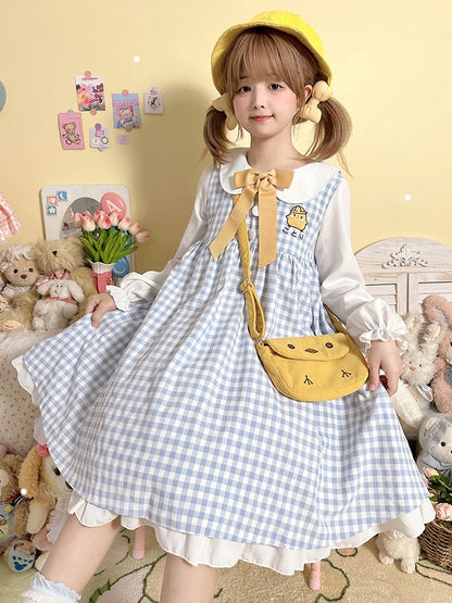 Robe à manches longues et col Peter Pan à carreaux bleu clair et motif poulet mignon
