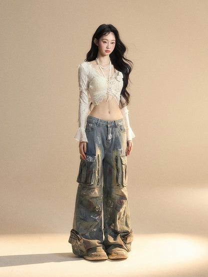 and Floral Embellished Lace Apricot Bell Sleeves Butterfly Set Cropped Top Glamorous Top With