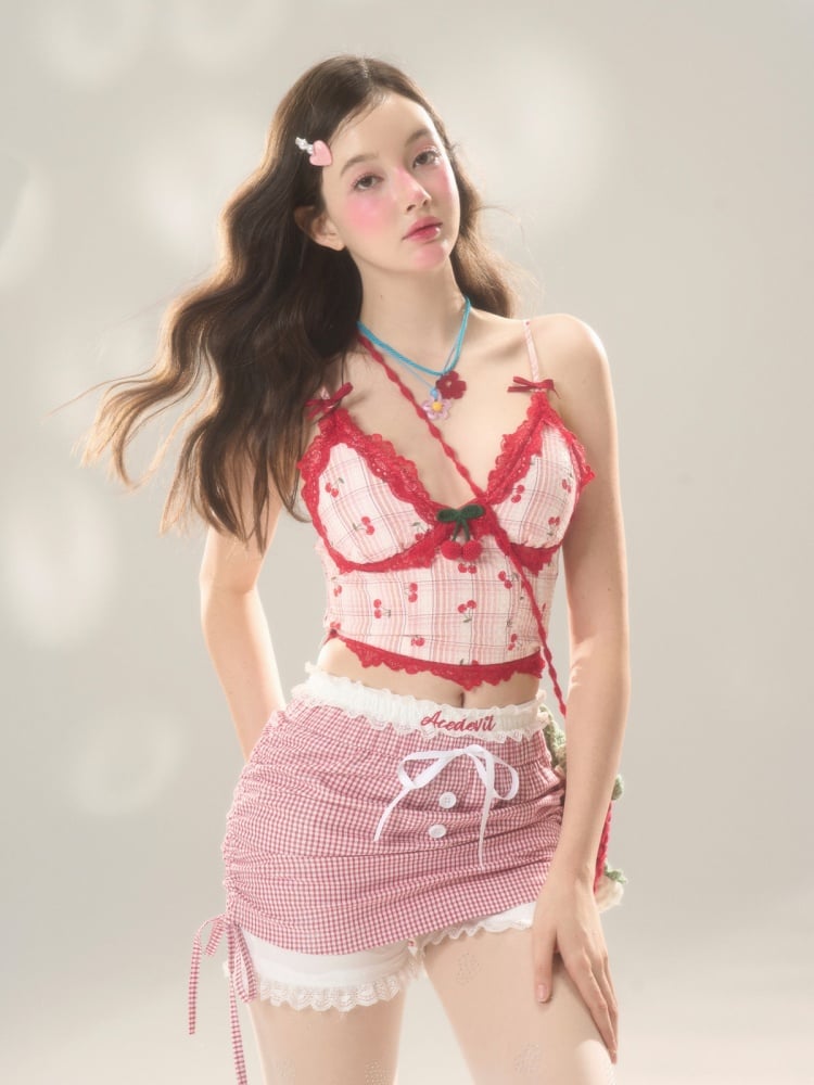 Red Pink Cherry Print Lace Trim Cami Top