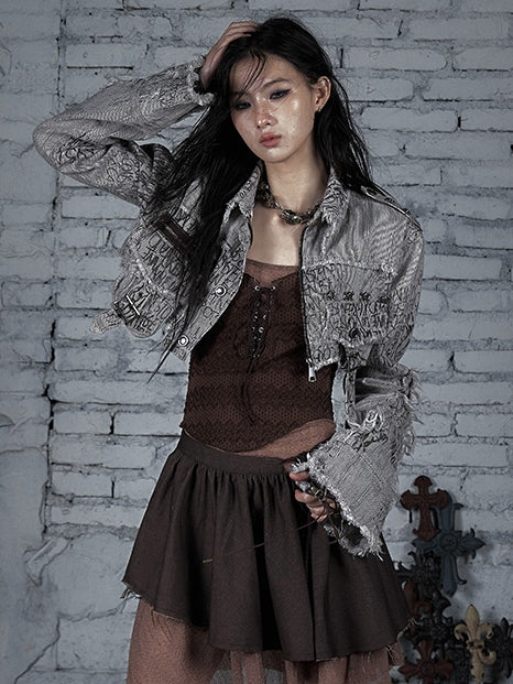 Wasteland Jacket Stripes Skeleton Brown Cropped Decorated Buckle And Pattern Punk