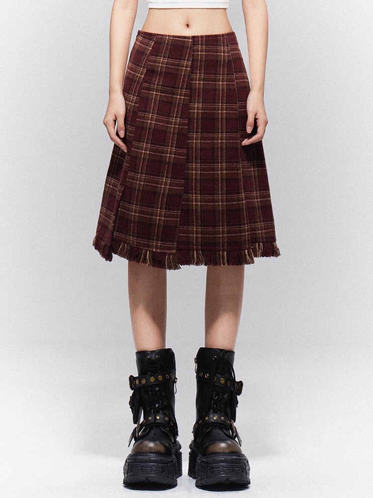 Raw Plaid Hem with Vintage Prep Brown-Red Skirt