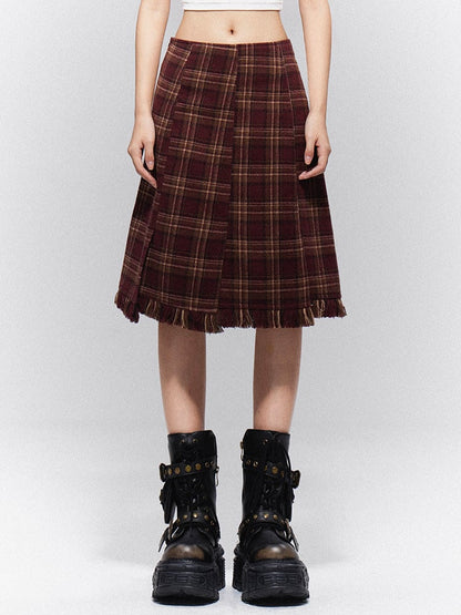 Raw Plaid Hem with Vintage Prep Brown-Red Skirt