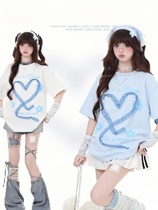 Design Armwear Free Heart-shaped Lace White/Light Blue T-Shirt with