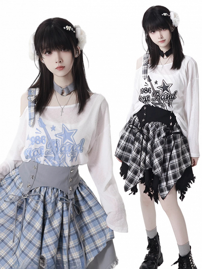 Blue/Black Free with Choker Guitar Print Asymmetrical Neckline Coverup