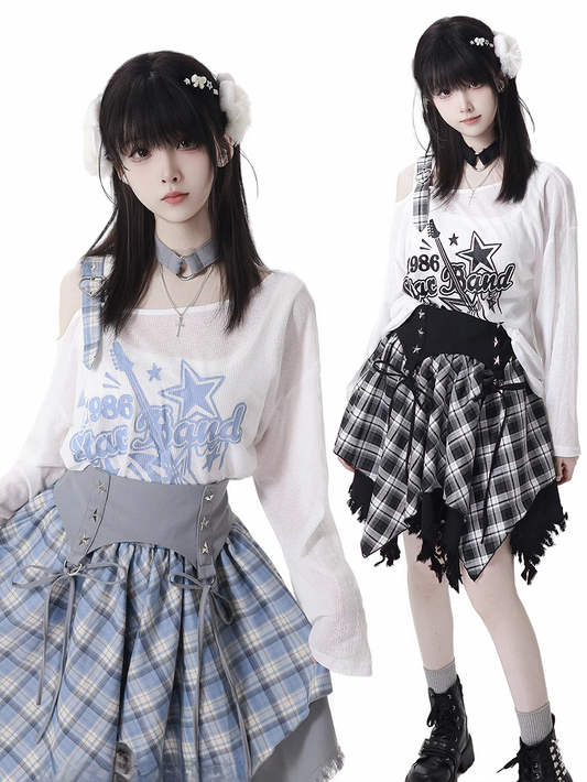 Blue/Black Free with Choker Guitar Print Asymmetrical Neckline Coverup