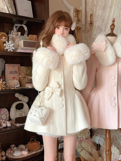 Bow Faux White Coat Fur Oversized Detachable With