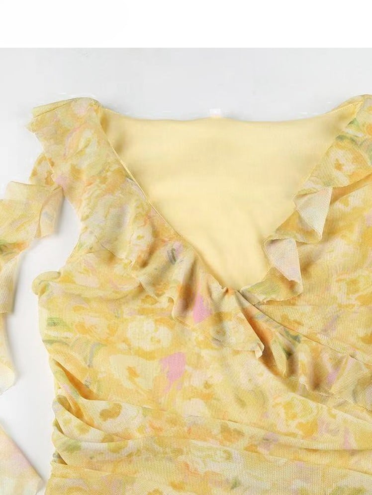 Floral Dress White Asymmetrical Yellow Beige Holiday Set- Sheer Embroidery + Skirt Hem