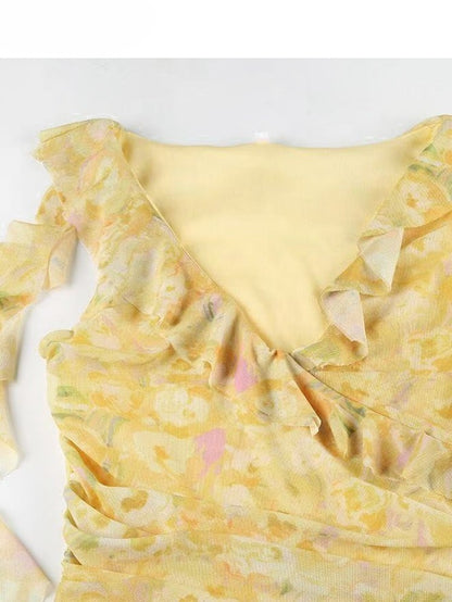 Floral Dress White Asymmetrical Yellow Beige Holiday Set- Sheer Embroidery + Skirt Hem