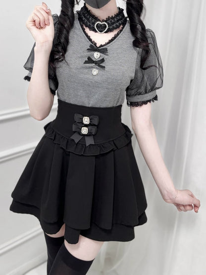 Decoration Choker Black Jirai Kei Blouse Design Bowknot and Rhinestone Houndstooth