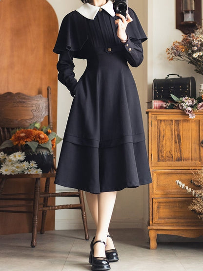 Black Detachable Cape Design Elegant Retro Slimming Dress