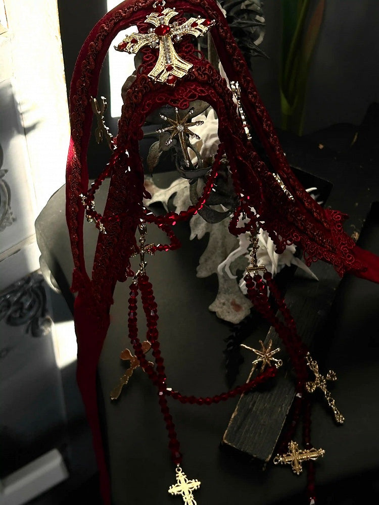 Ceinture gothique Lolita rouge/blanche/bleu foncé/grise avec croix décorée