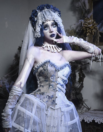 Half White Half Dusty Blue Corpse Bride Floral Corset Top