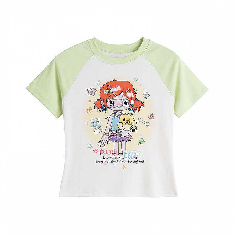 Aprikosen- und Colorblock-Design Y2K Cartoon Print T-Shirt Grün