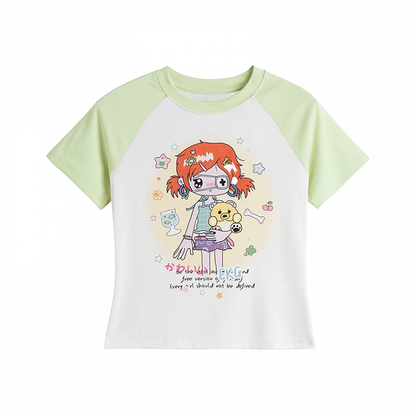 Aprikosen- und Colorblock-Design Y2K Cartoon Print T-Shirt Grün