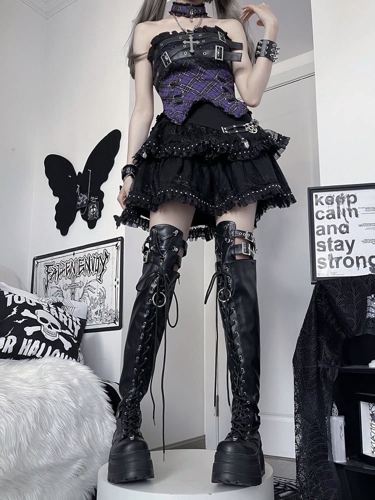 Y2K Matte Black Punk Star Strap Details Thigh-high Platform Boots