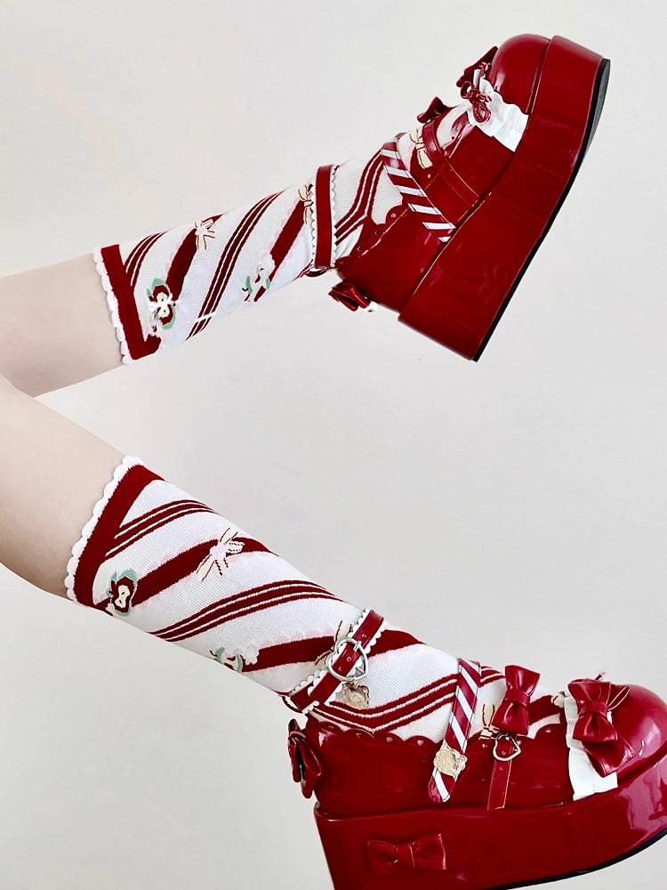Apple Striped Red Lolita Print Bowknot Socks Calf Pattern