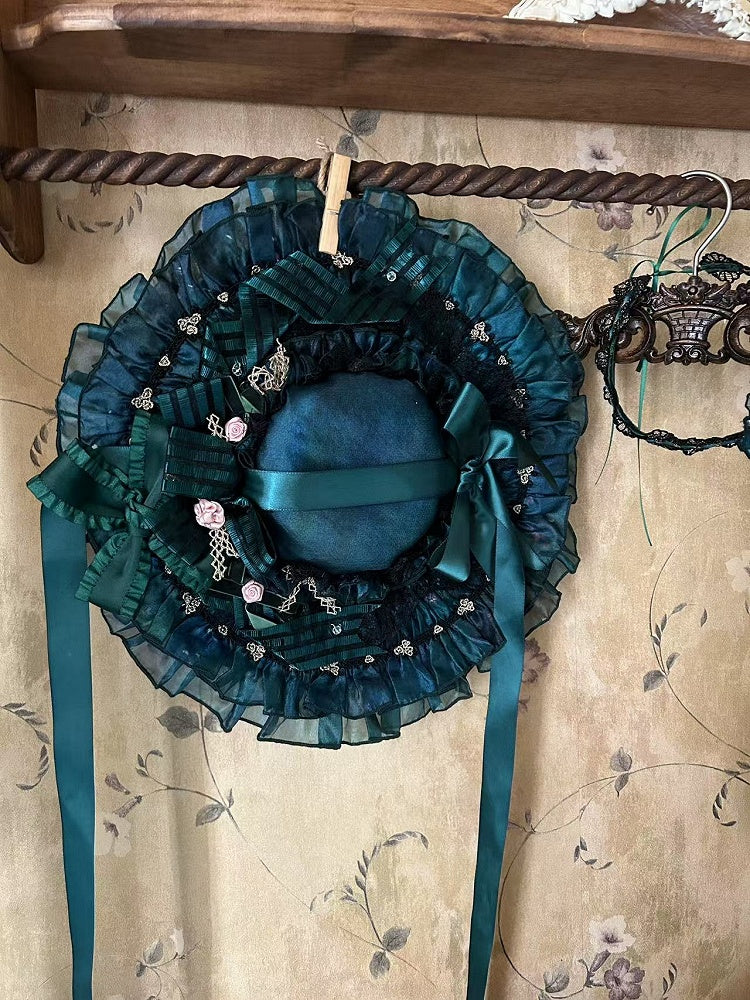 Chapeau Lolita à nœuds verts et fleurs