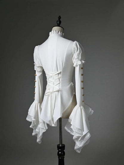 White High-low Long Sleeves Neck Jabot Hem Shirt High Ruffled