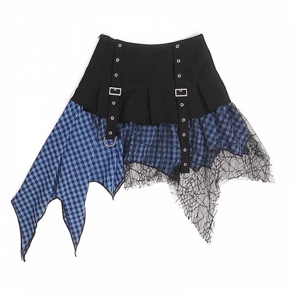 Handkerchief Hem Mesh Patchwork Y2K Black Blue/ White Plaid Skirt Black
