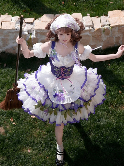 Outfit Bavaria - White Purple Octoberfest Corset Set Grape Embroidery Apron Skirt + Tiered Style Full Lolita Top