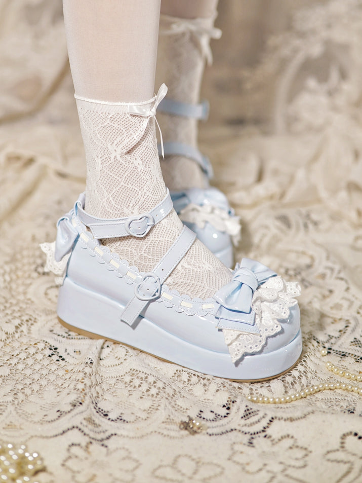 Blue Trim Baby Buckles Platforms at Heart Lace Top Bow