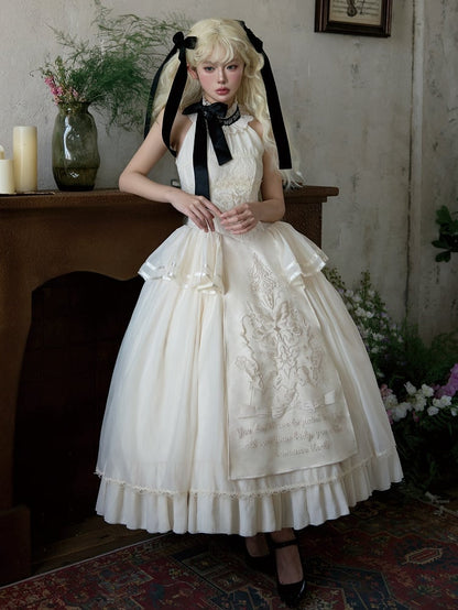 Lolita Halter Creamy Detail Embroidery Classic Delicate Backless Neck Dress