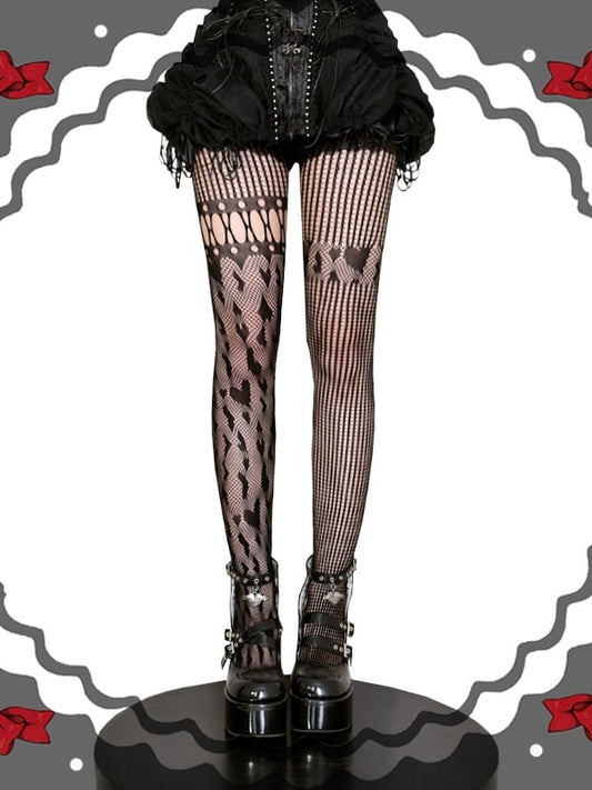 Black / Red / White Heart Pattern Asymmetrical Fishnet Tights