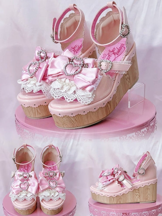 Heart Gyaru Beaded - Bow Wedge Pink Accents Platform Buckles Hime Sandals