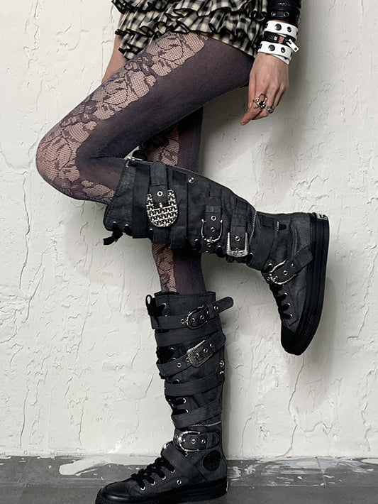 Pattern Lace Floral Dark Tights Purple