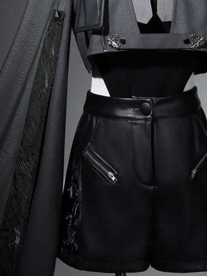 Sleeves XL Overlong Ouji Bodysuit Size Leather Exclusive + Futuristic Shorts Outfit Techwear Black Jacket Cropped Lolita -