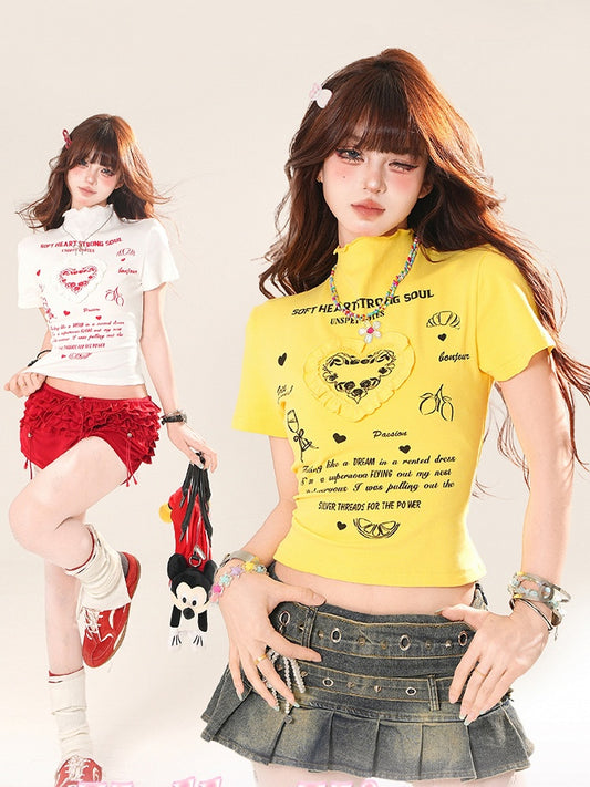 White/Yellow High Neck Ruffled Heart Graphic T-Shirt